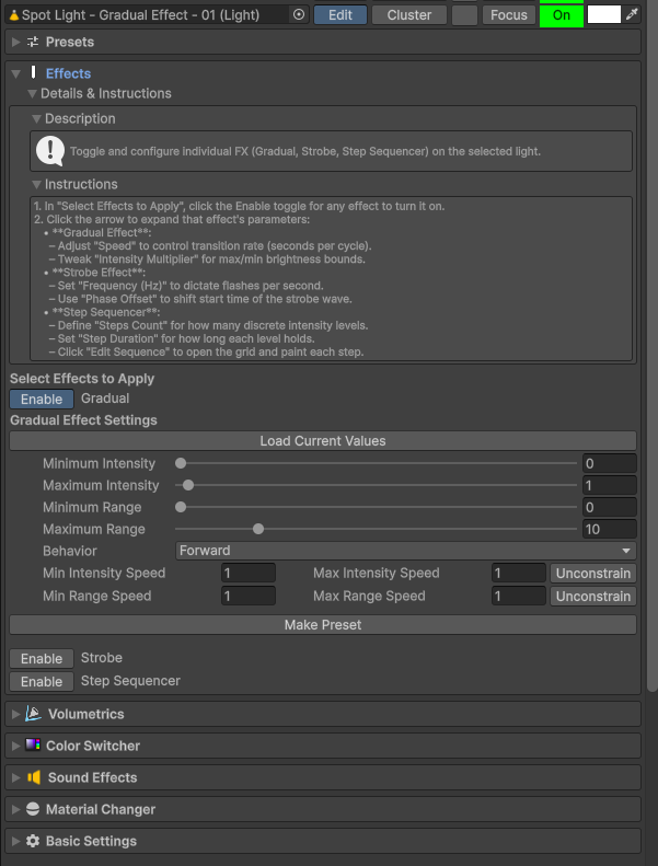 FX and Settings gradual effect interface