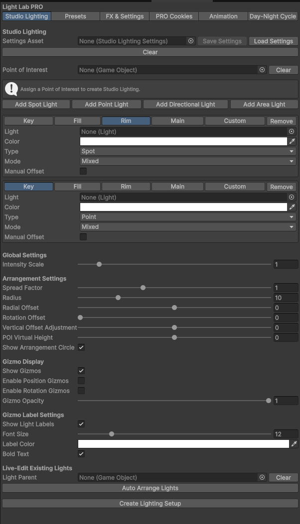 Light Lab PRO studio lighting interface in the Unity editor