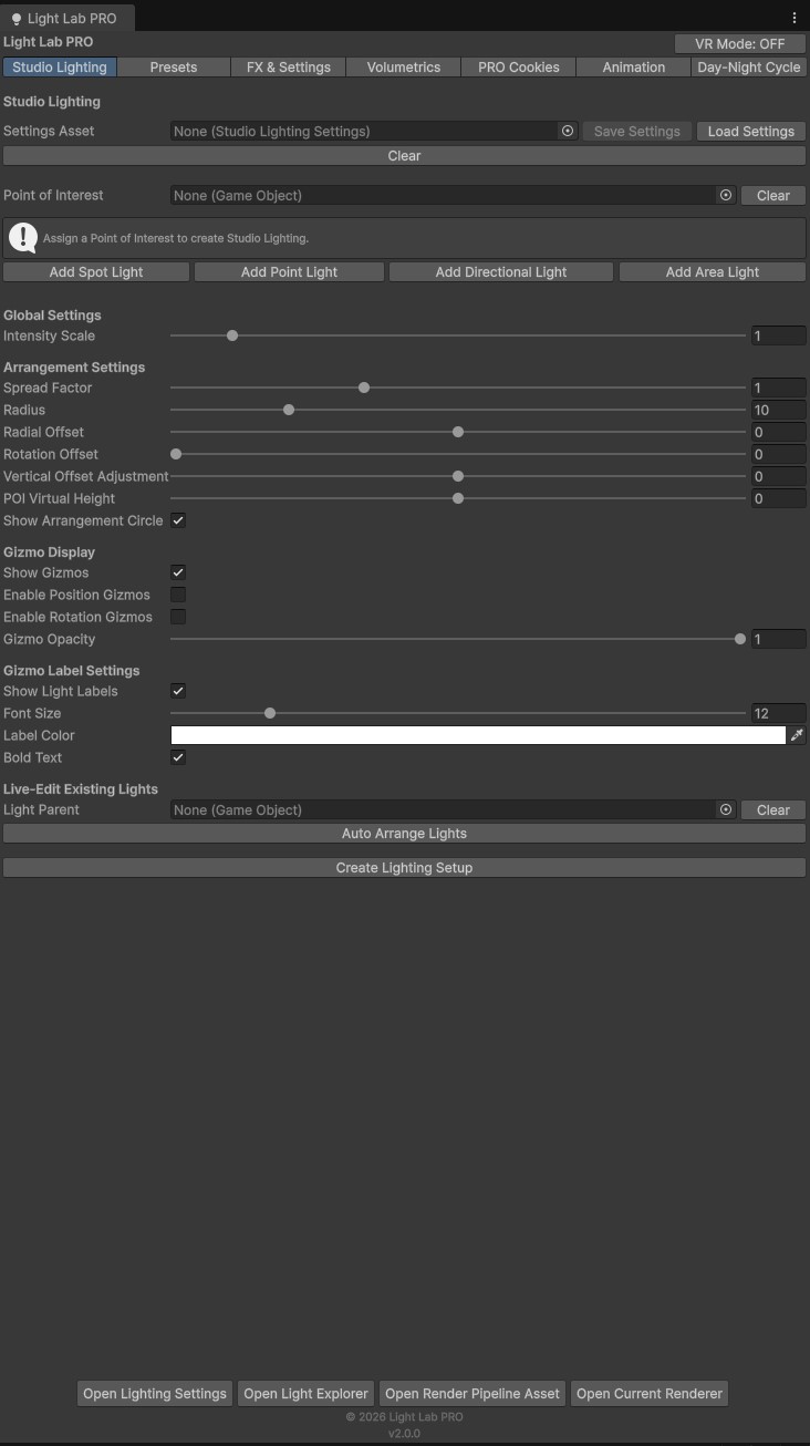 Light Lab PRO studio lighting interface in the Unity editor