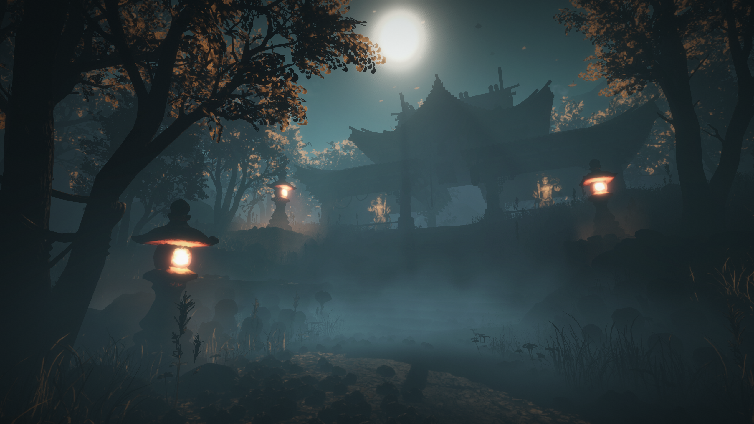 Outdoor fog and moonlight shafts